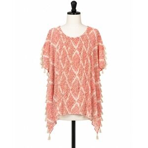 Chicos Poncho Blouse Womens S M Orange Tassel Trim Pleated Beach Resort Boho